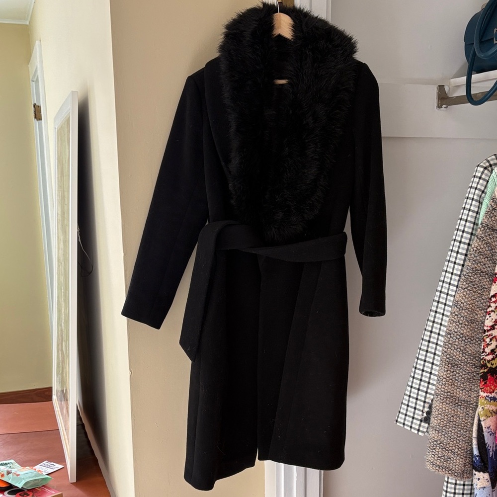 Club Monaco Black Coat with Faux Fur Trim